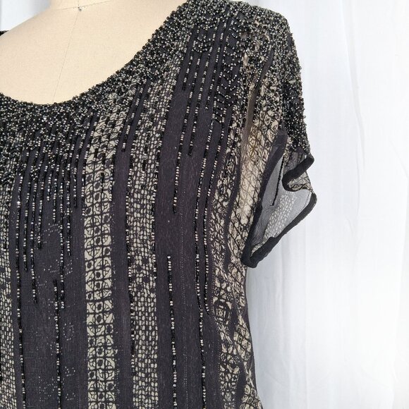 Gary Graham Silk Beaded Shift Dress Sage Green Black Glass Beads SZ 2 - Picture 7 of 12